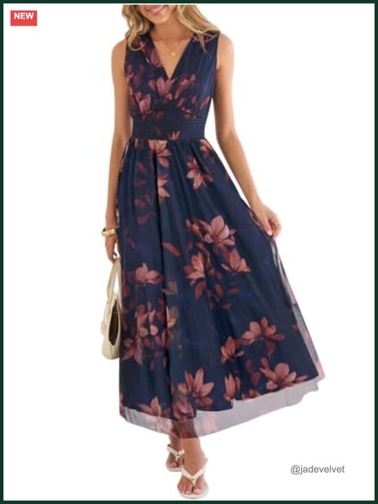Dresses & Skirts - Sleeveless V Neck A-Line Maxi Dress with Elastic Waist, Floral Tulle, Flowy